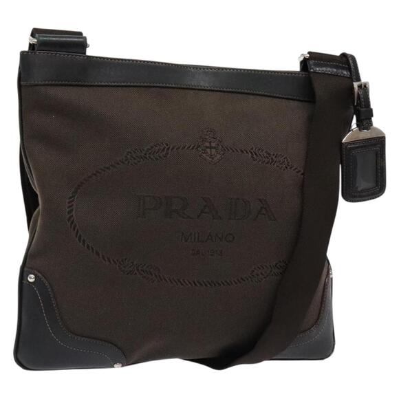 PRADA Shoulder Bag Canvas Leather Brown Silver - Picture 1 of 9